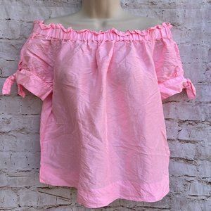 J. Crew Silk Shantung Off the Shoulder Bubblegum Pink Ruffle Tie Blouse Sz 8